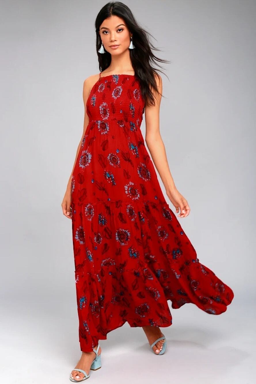 Free People Garden Party Red Floral Print Maxi Halter Tier Dress Women’s Small